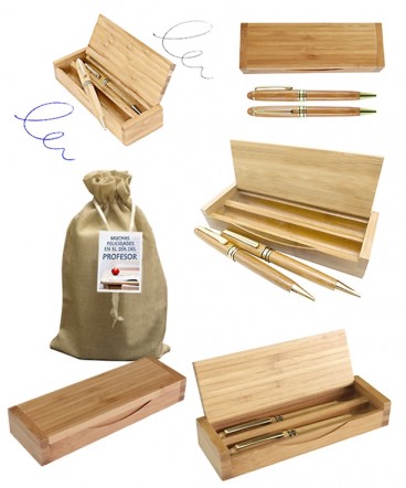 Set boligrafo- portamina bamboo regalo dia del profesor