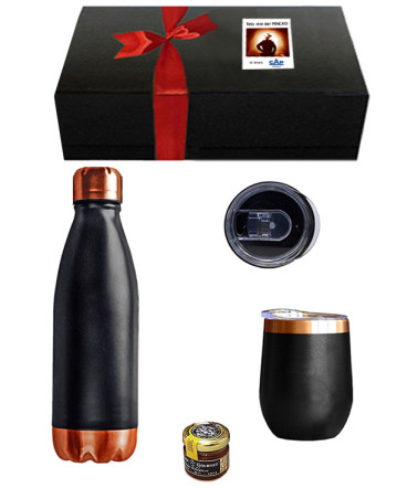 Botella, mug y mermelada en caja regalo dia del minero
